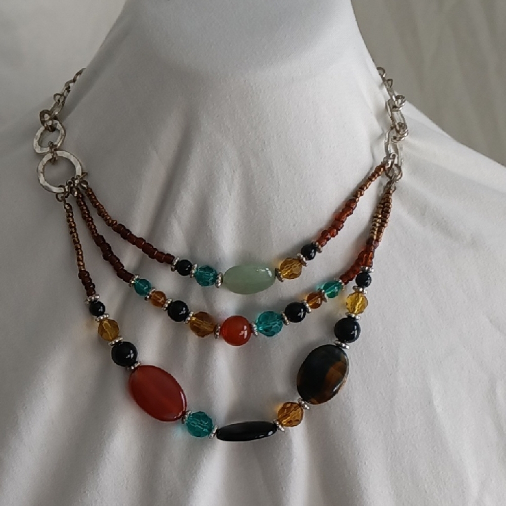 Triple Strand Beaded Necklace with Earthy Tones